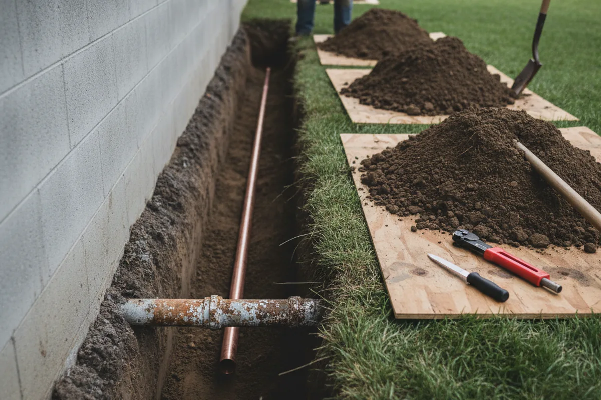Excavated water line trench during Water Softener Installation in Bagley